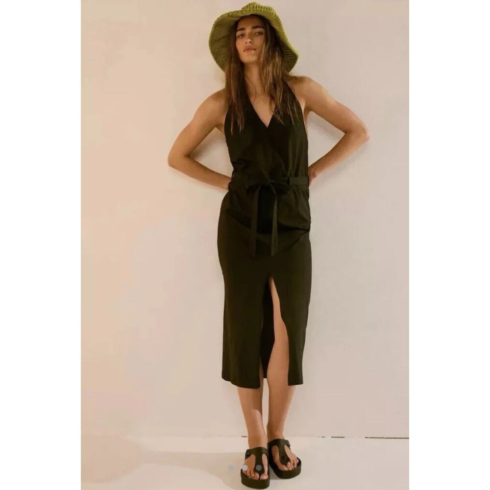 Free People Randi Midi Halter Dress Open Back 100% Cotton Black Size Small